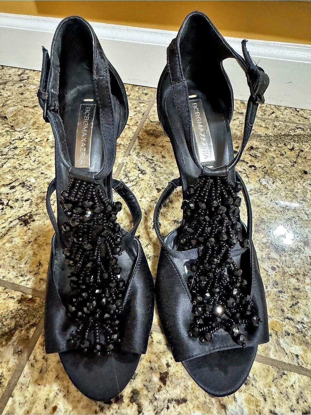 Y2K BCBGMAXAZRIA Estella Black Satin Beaded T-Strap Stiletto Heels. Size 9